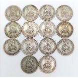 14 Pre 1947 Silver Shilling Coins. 1920 - 1936 range. Decent grade but please see photos.