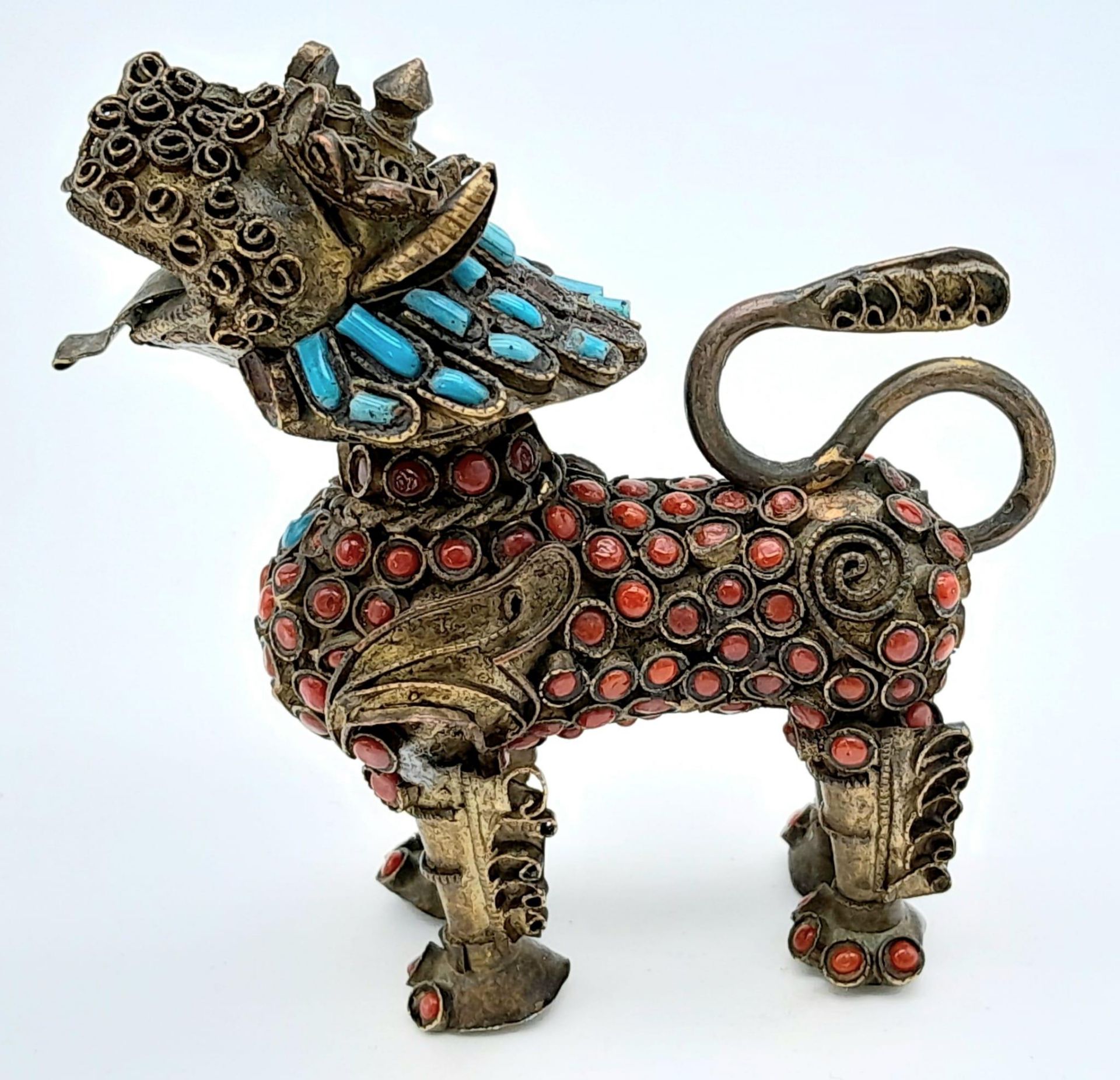 A Rare Antique, Coral and Turquoise Highly Detailed, Gilt Chinese Dog of Foo Snuff Bottle 6cm - Image 3 of 5