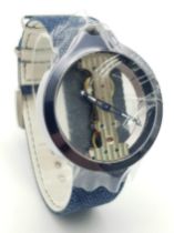 A VERTICALE DOUBLE SKELETON TOP WIND WATCH ON BLUE LEATHER STRAP ,