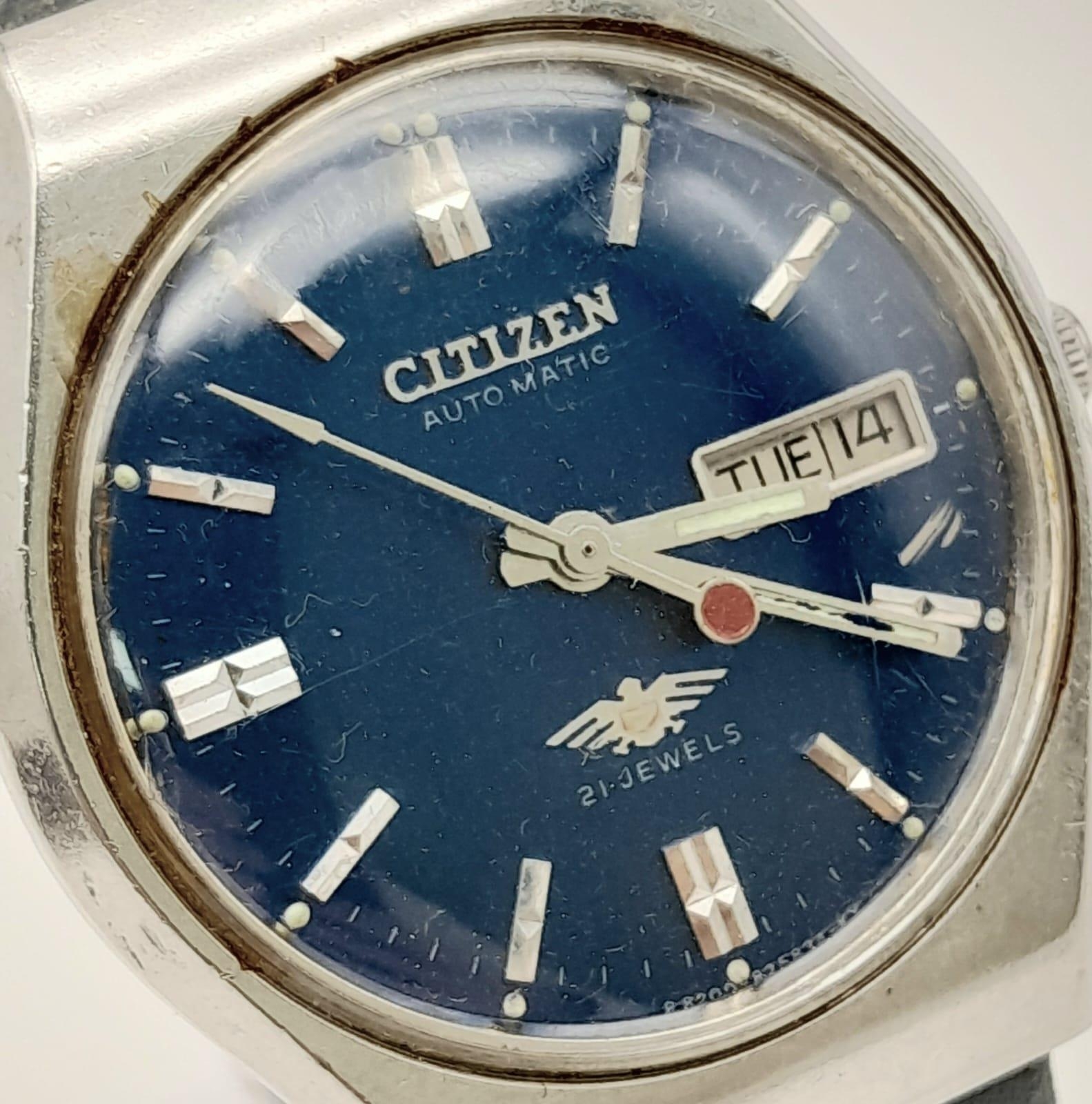 A Vintage Citizen 21 Jewel Automatic Gents Watch. Blue leather strap. Stainless steel case - 36mm. - Image 2 of 6