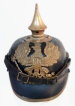 WW1 1895 Model Imperial German Pickelhaube with chinstrap and cockles. Unit marked to the 70th (