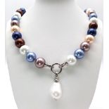 A Vibrant Multi-Colour South Sea Pearl Shell Bead Necklace with a Baroque Pearl Pendant. Lovely