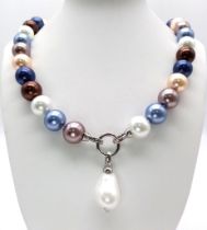 A Vibrant Multi-Colour South Sea Pearl Shell Bead Necklace with a Baroque Pearl Pendant. Lovely