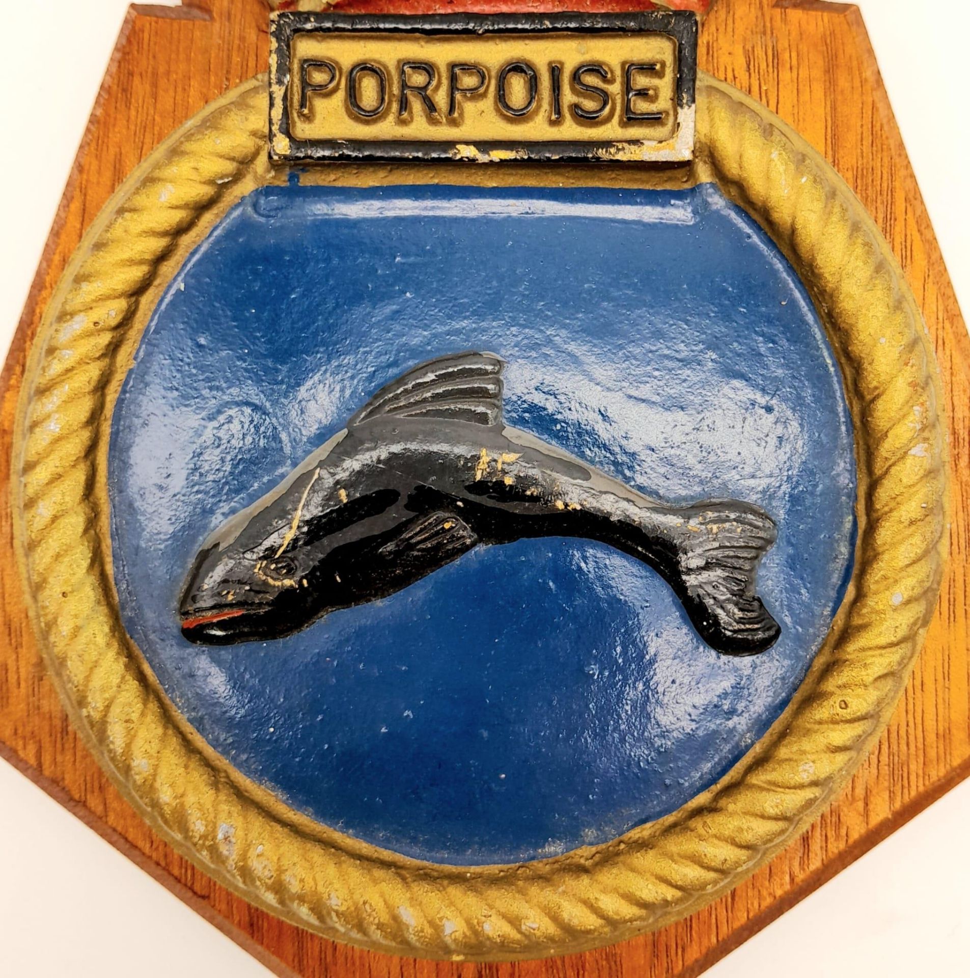 A Very Rare WW2 Royal Navy ‘HMS Porpoise’ Metal Tampion/Tompion Crest Mounted on a Mahogany - Image 2 of 3