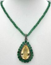 An Emerald Beaded Necklace with a Pear Cut Citrine and Rose cut Diamonds Pendant. Set in 925