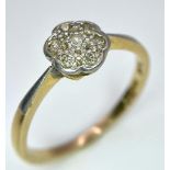 A 18K YELLOW GOLD & PLATINUM VINTAGE OLD CUT DIAMOND CLUSTER RING. TOTAL WEIGHT 3G. SIZE R