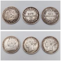 Three Queen Victoria Silver Shilling Coins - 1874, 1887 and 1897. Please see photos for conditions.