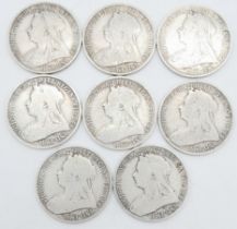 Eight Old Head Queen Victoria Silver Florin Coins. Please see photos for conditions.