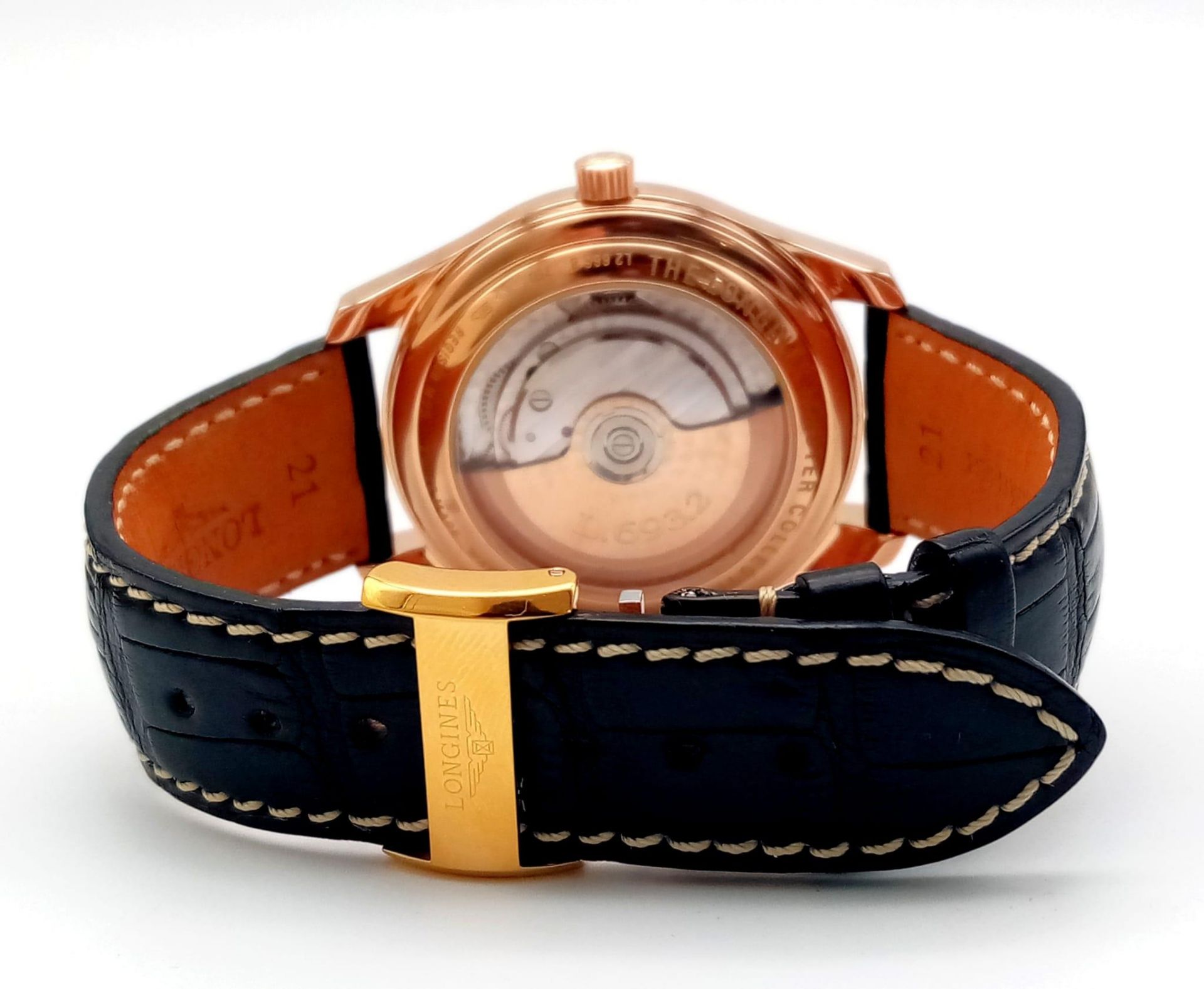 A Glorious Longine 18K Rose Gold Automatic Gents Watch. Black Alligator leather strap. 18K rose gold - Image 4 of 9