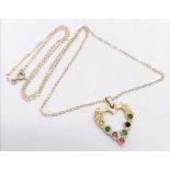 A 9K yellow gold 'DEAREST' heart necklace set with diamond, emeralds, amethyst, ruby, sapphire and