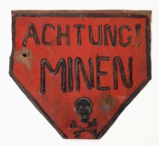 WW2 German Metal Mine Sign. Some signs of battle damage.