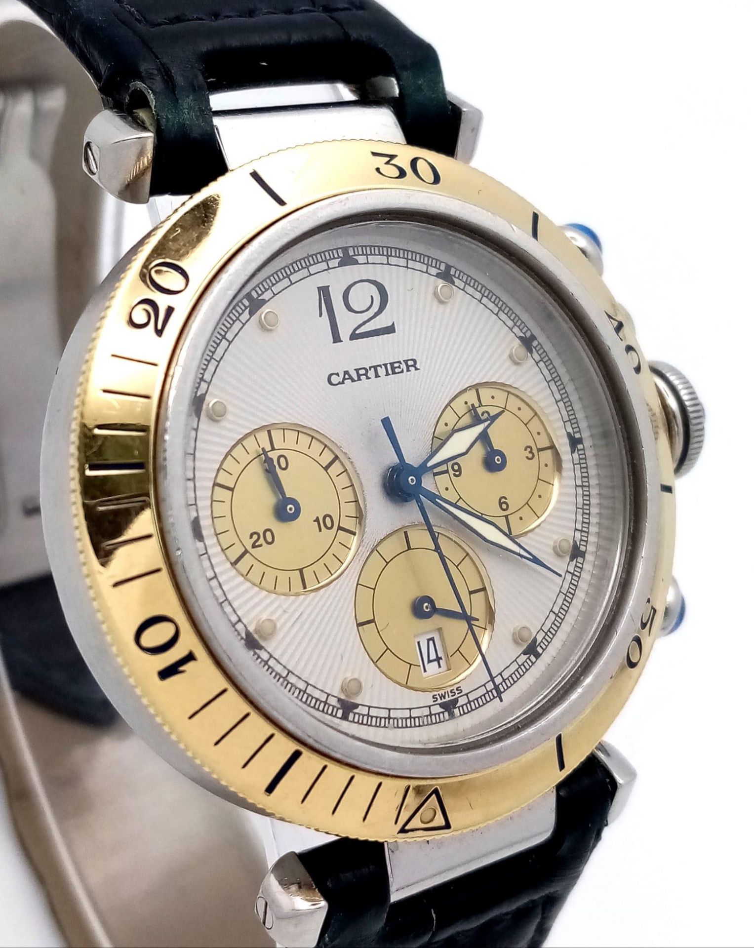 A Cartier Pasha de Cartier Chronograph Watch. Black leather Cartier strap. Yellow gold and stainless - Image 3 of 8