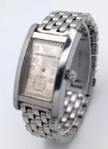 AN ARMANI GENTS TANK STYLE WATCH IN STAINLESS STEEL WITH GOLDTONE DIAL, QUARTZ MOVEMENT AND