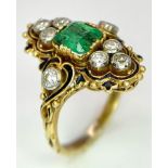 A 18K YELLOW GOLD VINTAGE DIAMOND & EMERALD RING. TOTAL WEIGHT 5G. SIZE I