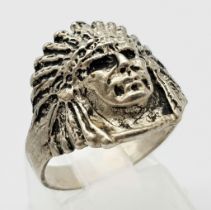 A Rare Vintage or Older Silver Native American Indian Head Ring Size P. Crown Measures 1.6cm Long.