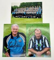 Two Signed Newcastle Legend Pictures: Alans Shearer and Sir Bobby Robson - Plus a team photo. 12.5 x