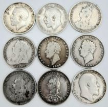 Nine Pre 1920 Silver British Shilling Coins - Please see photos for finer details.