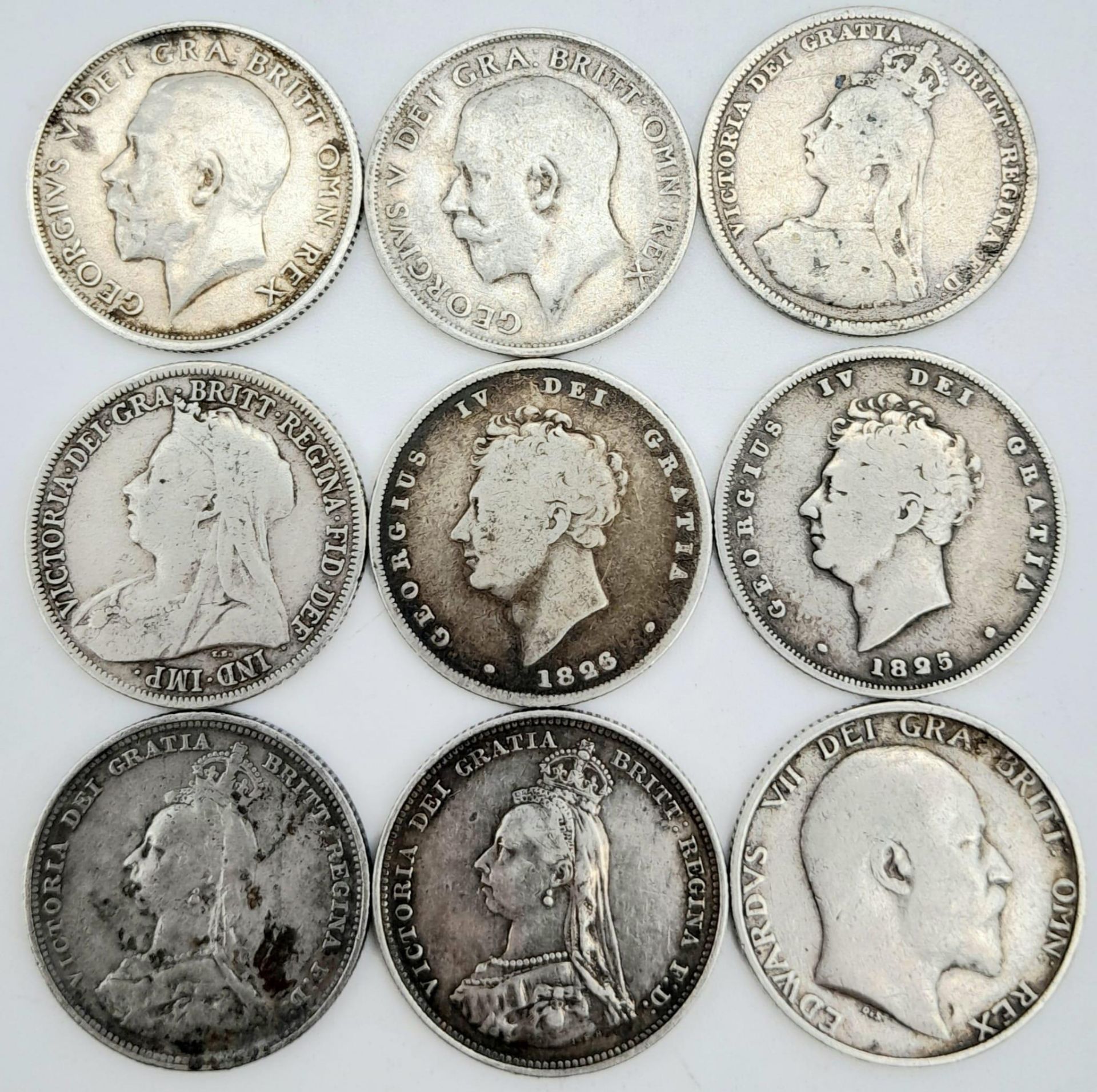 Nine Pre 1920 Silver British Shilling Coins - Please see photos for finer details.