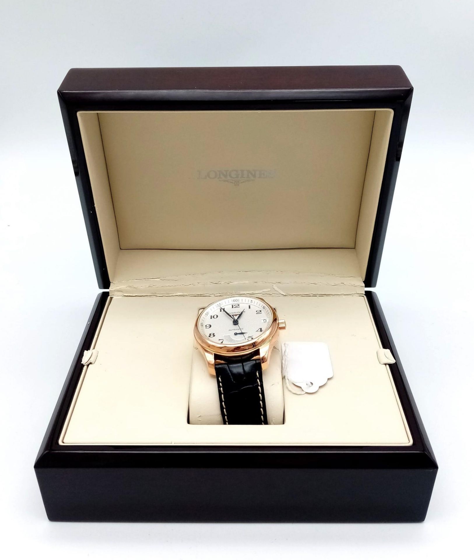 A Glorious Longine 18K Rose Gold Automatic Gents Watch. Black Alligator leather strap. 18K rose gold - Image 7 of 9