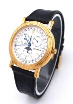 A Cyma Quartz Moonphase Watch. Black leather strap. Gilded case - 32mm. White dial with three sub