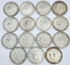 Fifteen Pre 1947 George V Silver Florin Coins. Please see photos for conditions. 166.5g total