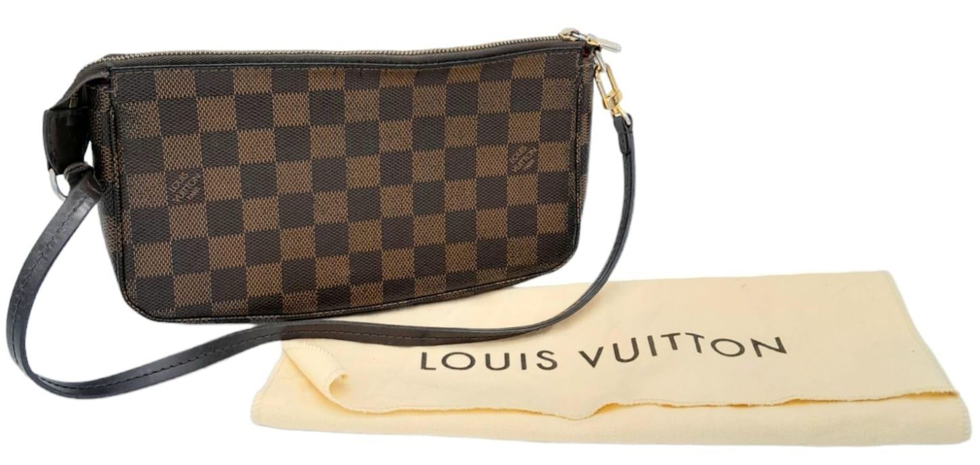 A Louis Vuitton Damier Ebene Pochette with Leather Exterior. Top Zip Closure. Red Fabric Lining with - Image 2 of 7