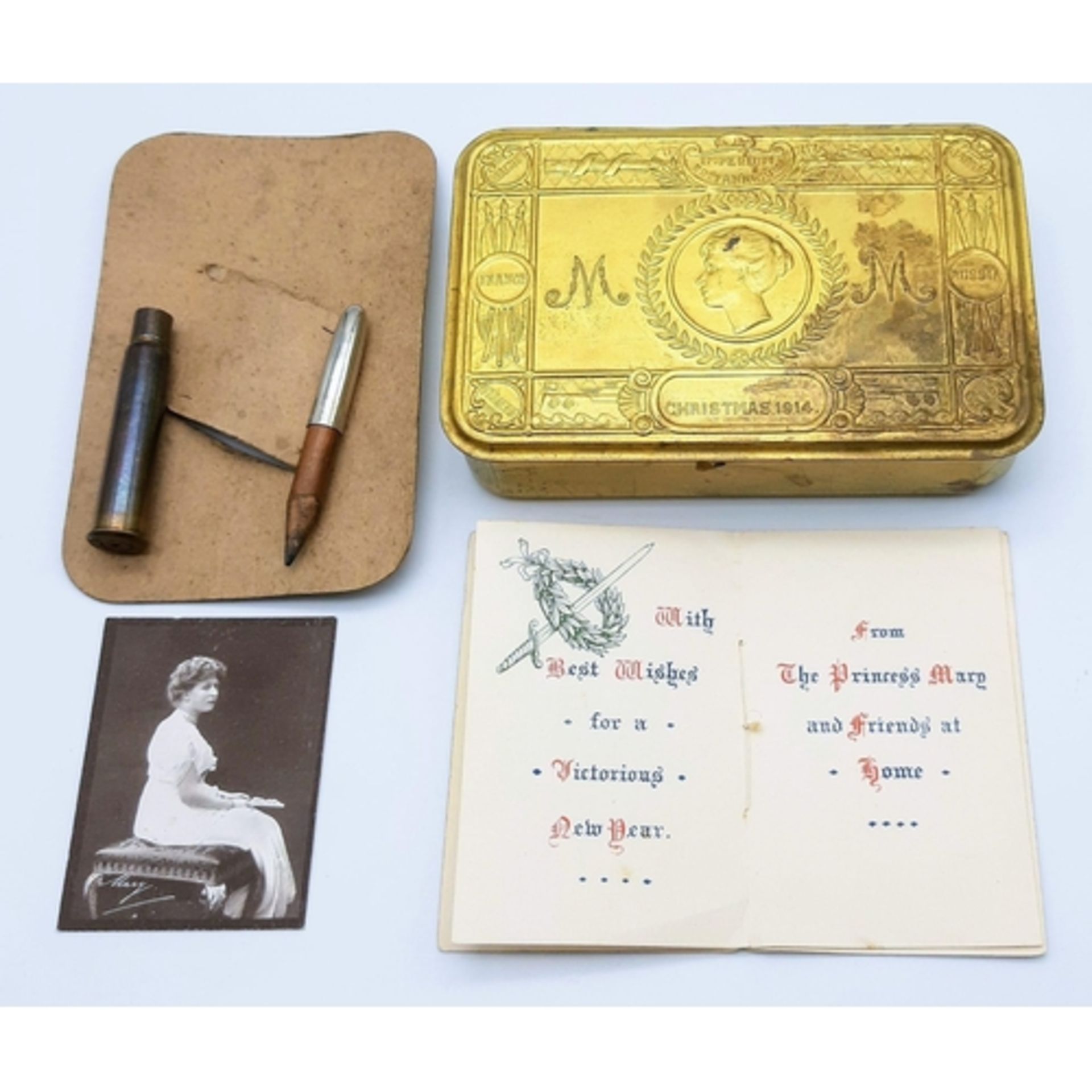 WW1 British Princess Mary Xmas 1914 Gift Tin with Original 'Bullet' Pencil and 1915 Christmas