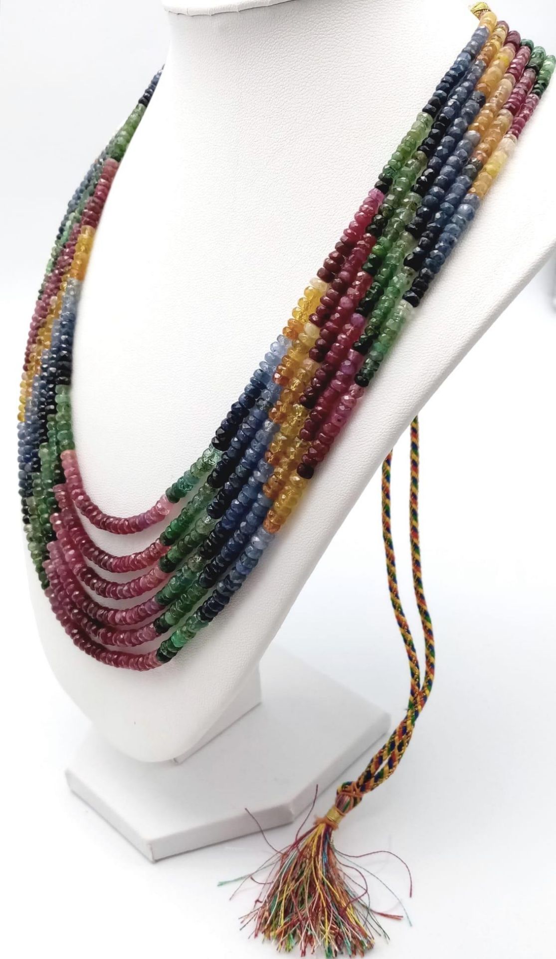 A fabulous 420ctw Ruby, Emerald and Sapphire multi-strain necklace with Asian embroidered - Image 2 of 5