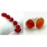 Collection of Sterling Silver Jewellery. Featuring a Red Gemstone Beaded Bracelet (7cm Diameter) and