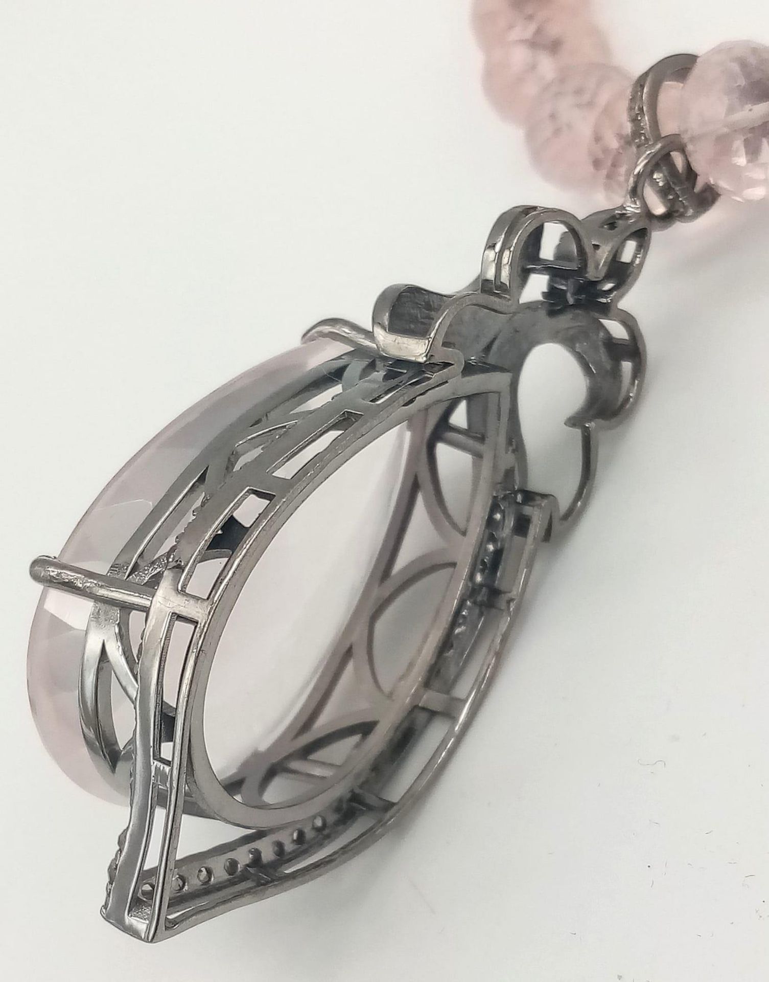 Rose Quartz Gemstone Necklace with Pendant with Diamonds on 925 Silver, The Pendant Comes with - Image 4 of 6