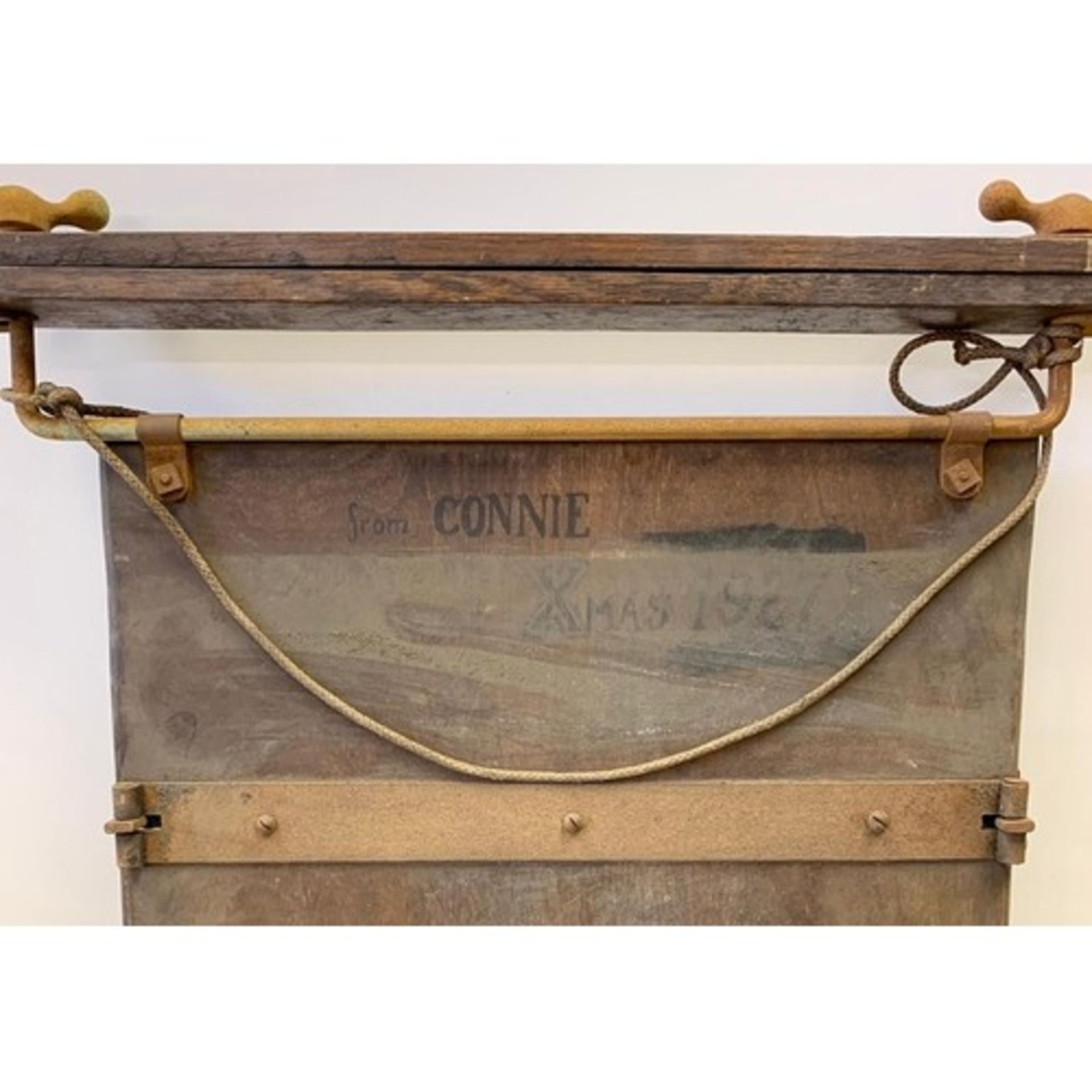 Victorian style antique trouser press wood and metal frame with white leather. Inscription on back - Bild 3 aus 3