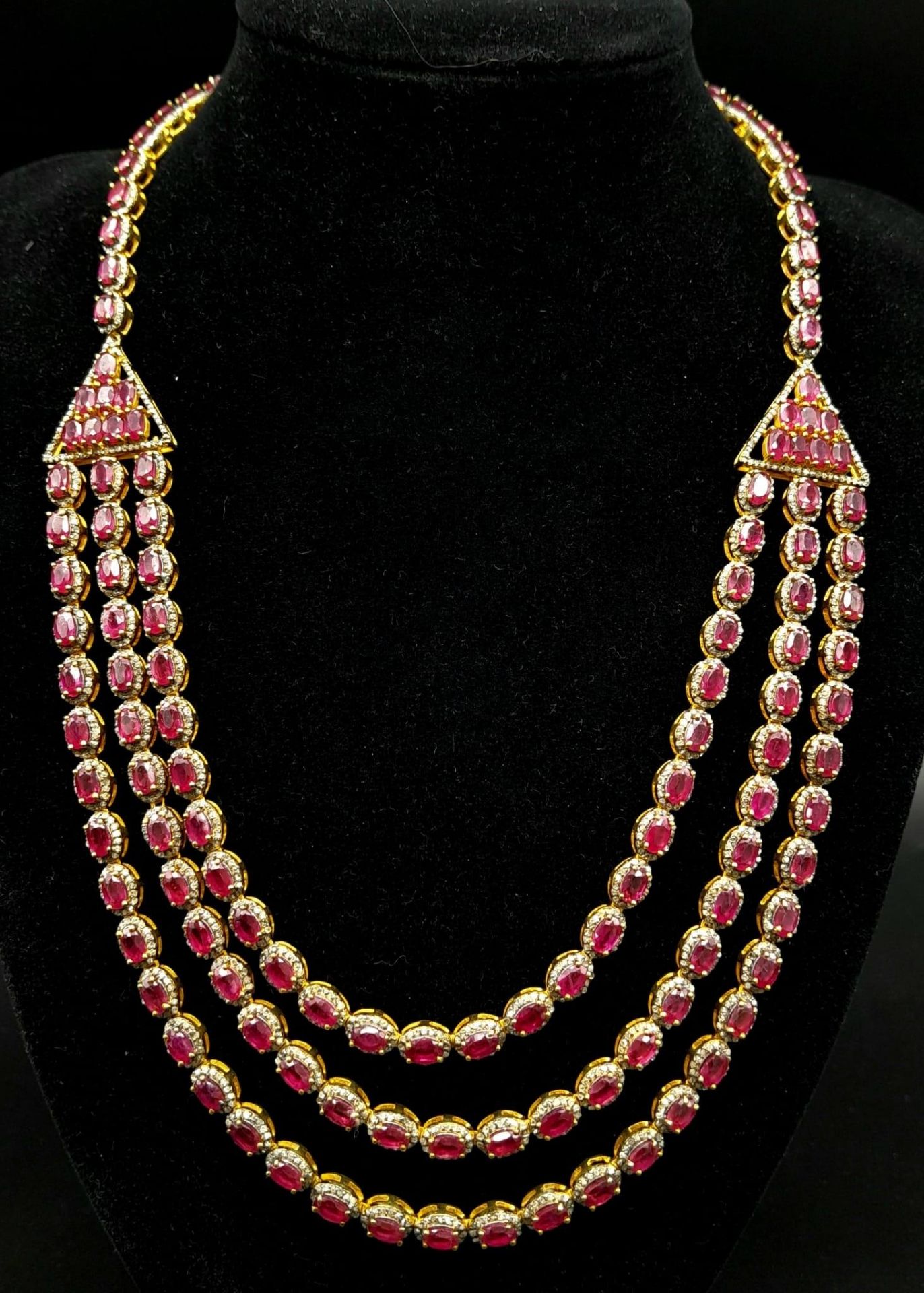 An Asian-Inspired Three Row Ruby and Diamond Necklace -with 33ctw of Rubies and with 3ctw Approx