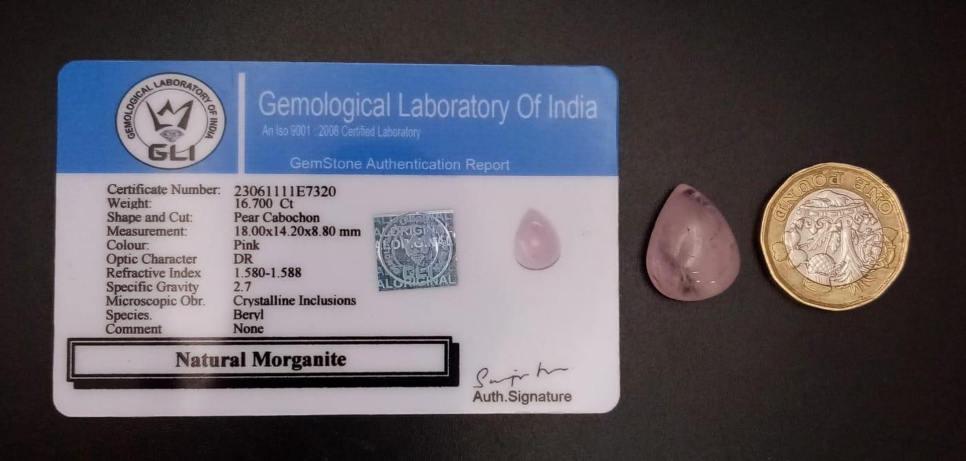 A 16.70ct Natural Morganite, in Pear Cabochon shape. Comes with the GLI certificate. - Bild 3 aus 3