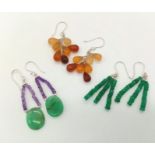 A Selection of Three Pair of Earrings: Emeralds, Amethyst and Garnet Drops. All set in 925 Silver.