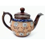 An Antique (1890s) Doulton Lambeth Silver Trimmed Teapot. 20cm across. 14cm tall. Decorative