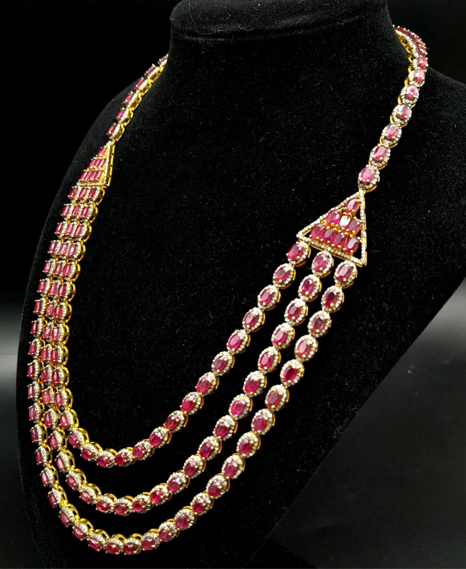 An Asian-Inspired Three Row Ruby and Diamond Necklace -with 33ctw of Rubies and with 3ctw Approx - Image 2 of 9