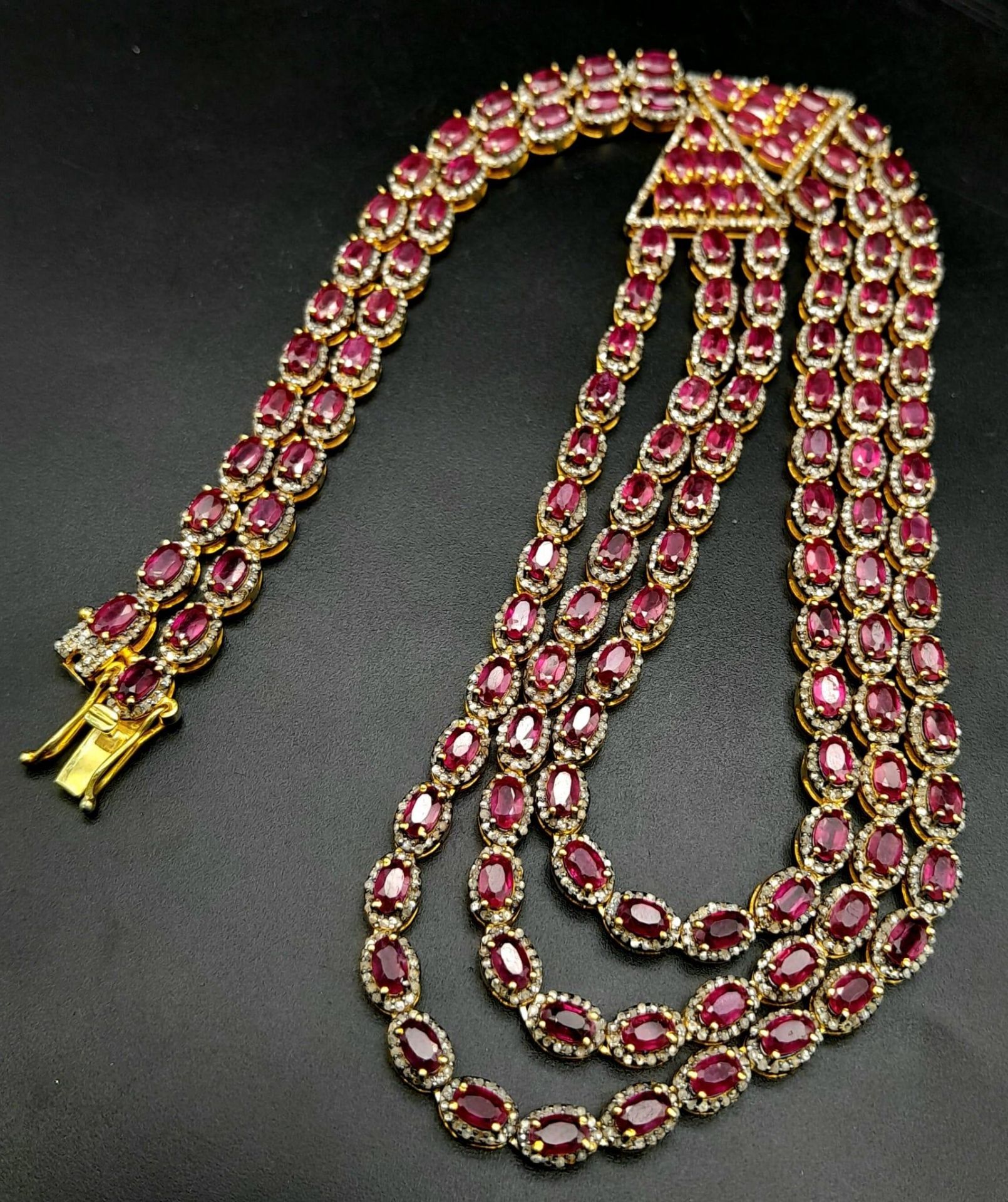 An Asian-Inspired Three Row Ruby and Diamond Necklace -with 33ctw of Rubies and with 3ctw Approx - Image 4 of 9