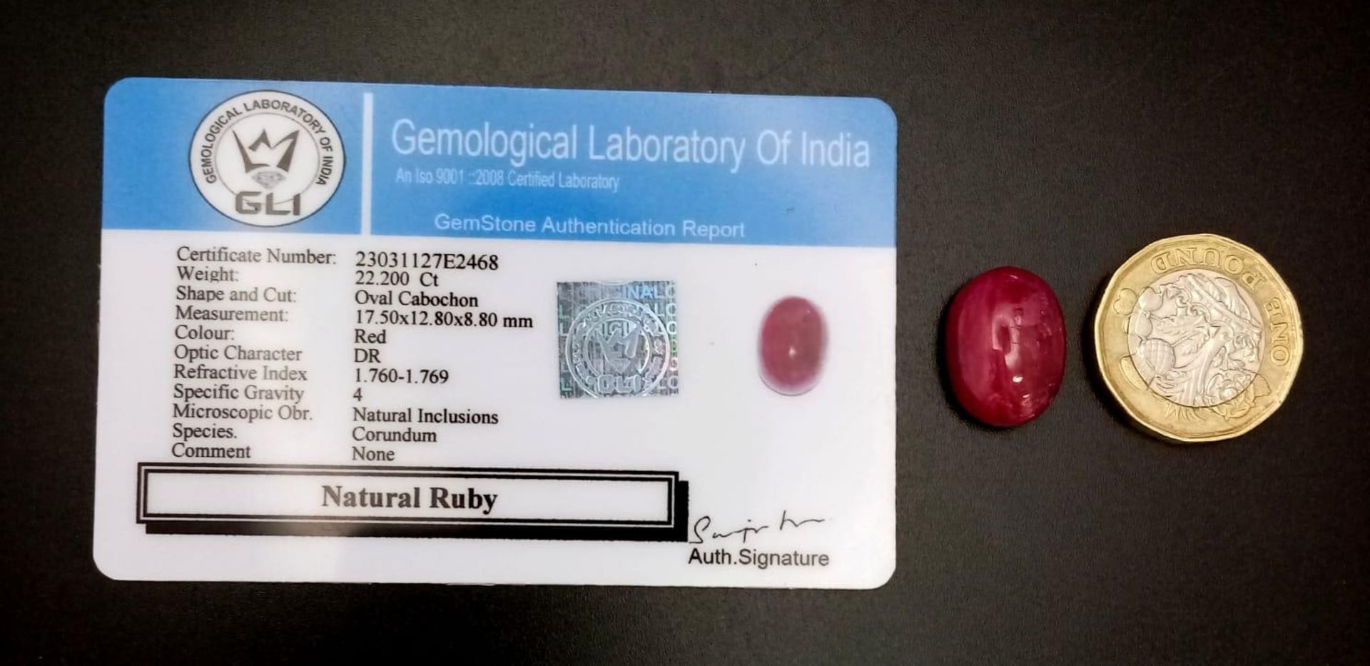 A 22.20ct Natural Ruby, in Oval Cabochon shape. Comes with the GLI certificate. - Bild 4 aus 4