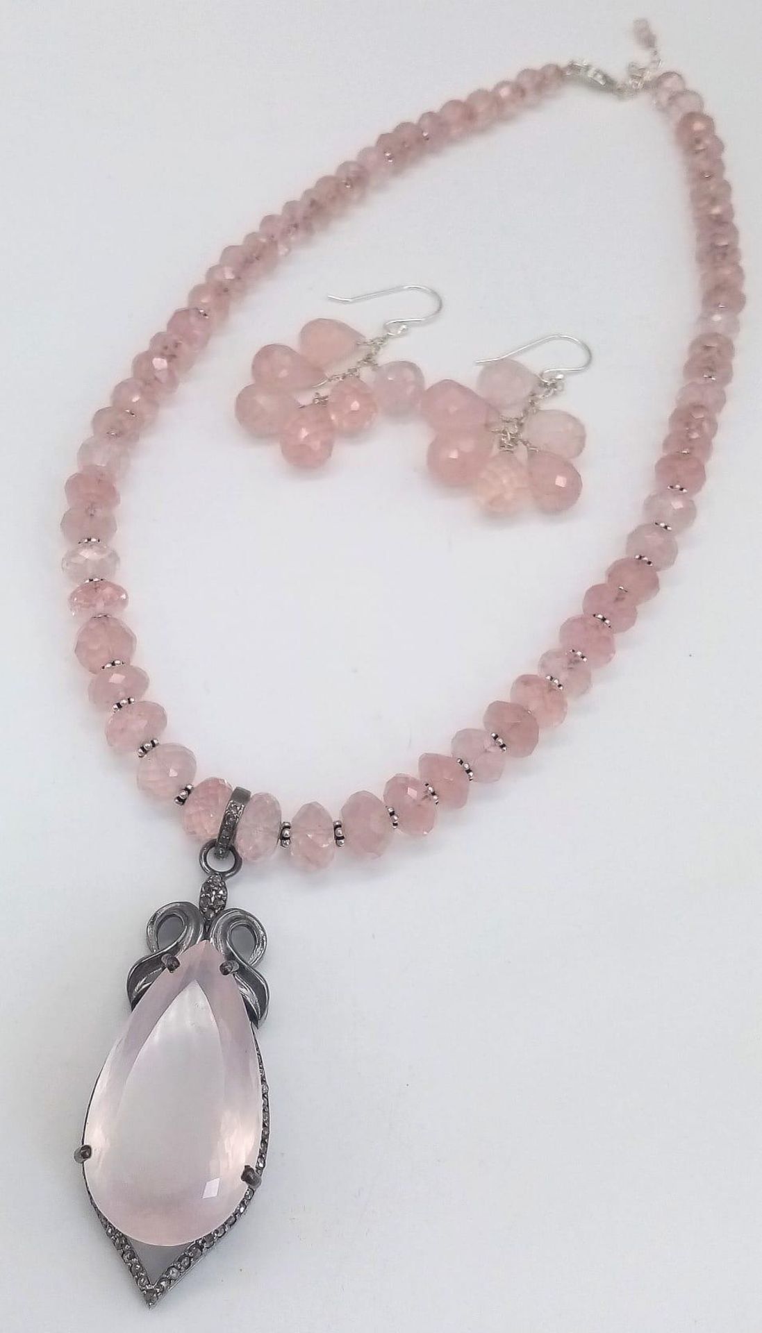 Rose Quartz Gemstone Necklace with Pendant with Diamonds on 925 Silver, The Pendant Comes with