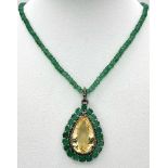 An Emerald Beaded Necklace with a Pear Cut Citrine and Rose cut Diamonds Pendant. Set in 925