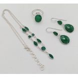 A Collection of Emerald Earrings, Ring and Necklace on 925 Silver. Necklace Length 38cm, Drop 4cm,