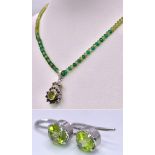 A Peridot & Green Onyx Beaded Necklace with Pendant drop Plus a Pair of Peridot Earrings. Set in 925