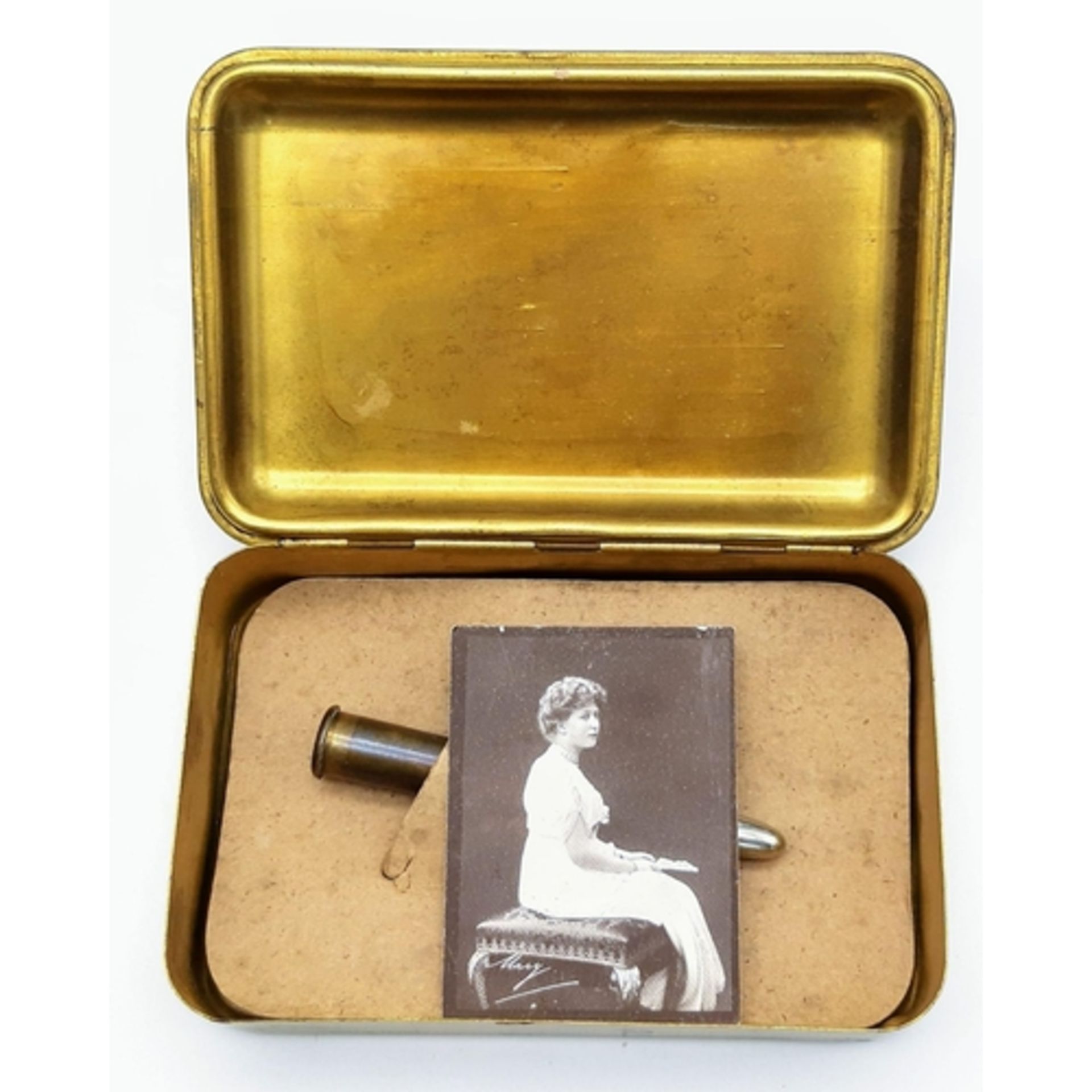 WW1 British Princess Mary Xmas 1914 Gift Tin with Original 'Bullet' Pencil and 1915 Christmas - Bild 2 aus 4