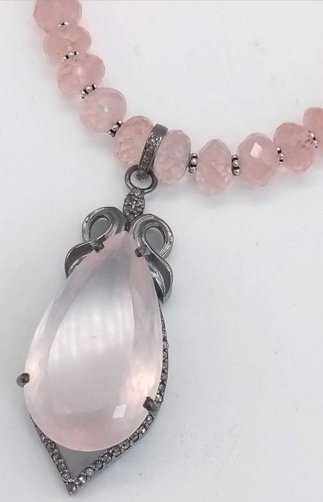 Rose Quartz Gemstone Necklace with Pendant with Diamonds on 925 Silver, The Pendant Comes with - Image 3 of 6