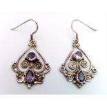 A Pair of Art Deco Style 925 Silver Amethyst Gemstone Earrings. 3cm. Weight - 7.20g. Comes in a