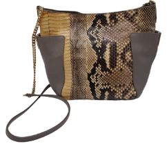 A Jimmy Choo Taupe Snakeskin Crossbody Bag. Snakeskin and leather exterior with gold-toned hardware,