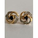 Beautiful pair of GOLD and SAPPHIRE EARRINGS, Consisting WHITE and YELLOW GOLD Surround with