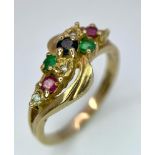 9K YELLOW GOLD MULTISTONE RING - APPROX 0.02CT DIAMOND 0.10CT RUBY 0.08CT EMERALD 0.05CT