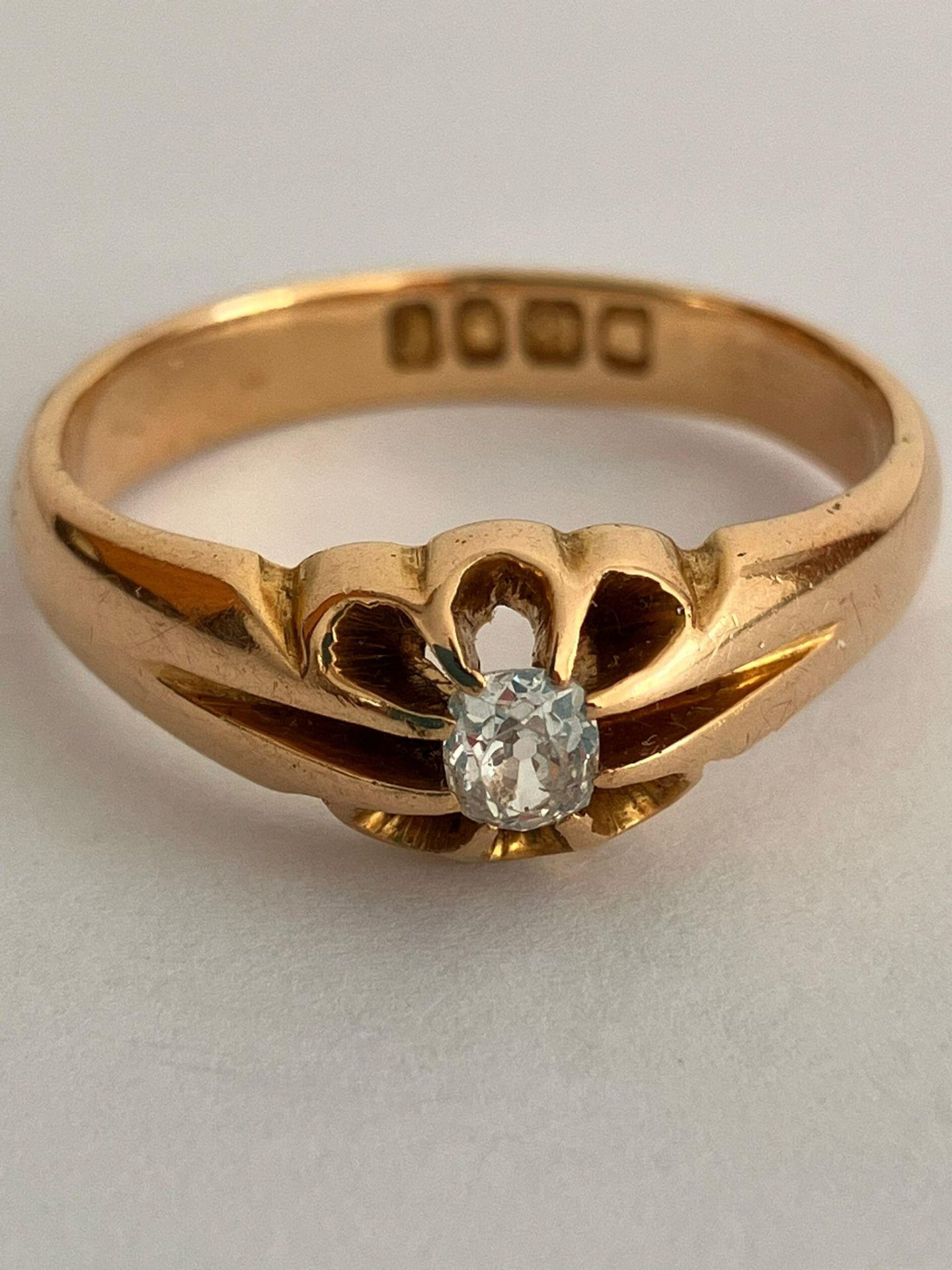 Antique 18 carat GOLD, DIAMOND SOLITAIRE GYPSY/ PINKIE RING. Having a clear white beautifully cut