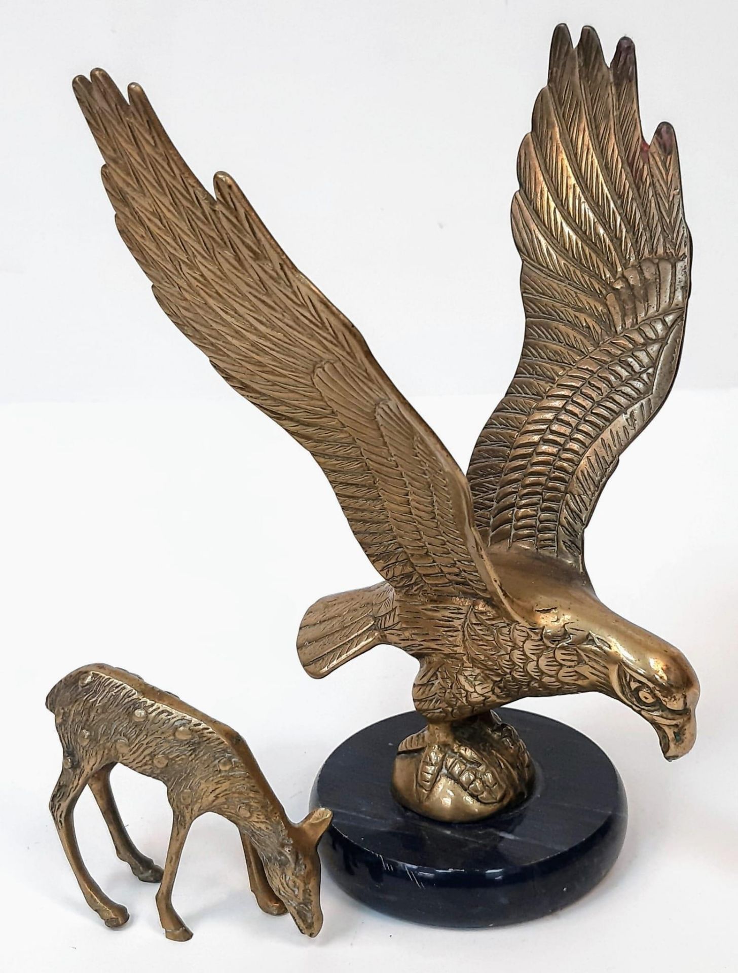 A Vintage Brass Eagle on a Marble Base Plus a Brass Deer. Eagle - 24cm tall. 18cm across. Deer - 9 x - Image 2 of 4